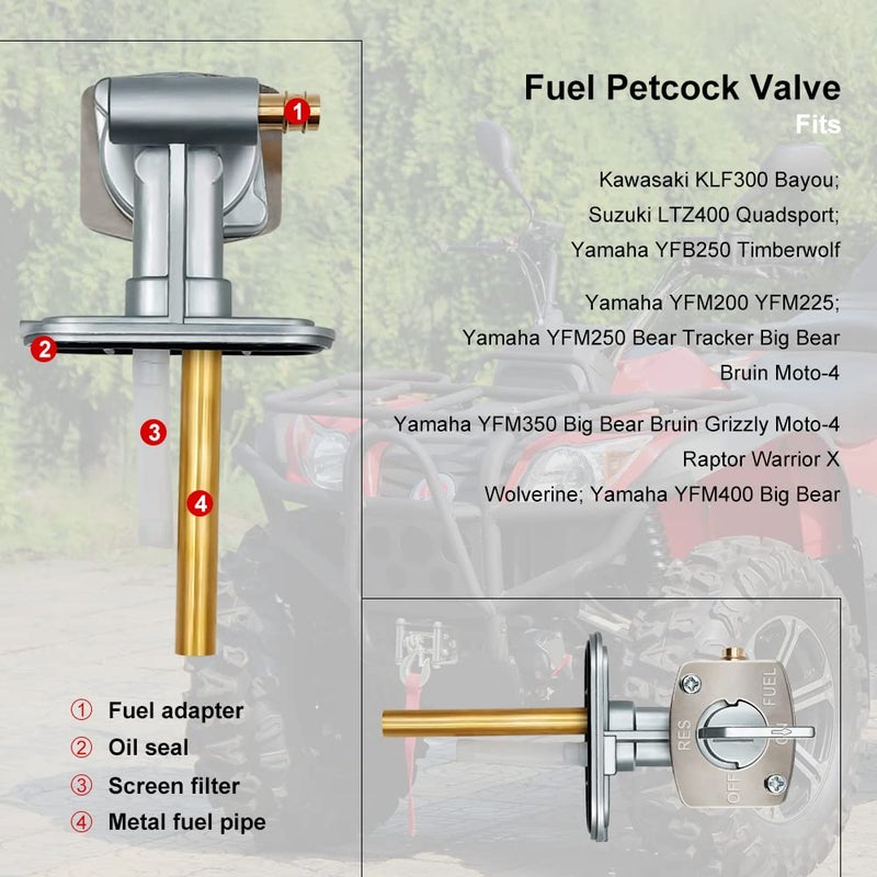 Triumilynn Fuel Petcock Valve Fits Kawasaki Suzuki Yamaha, Bayou 220 250 300 400 KLF220 KLF250 KLF300, Prairie 300 360 400, King Quad 300 LT80 LTZ250, TTR90 TTR125 TTR225 YZ125 YZ250 YFM250 YFM350 and More - Image 2
